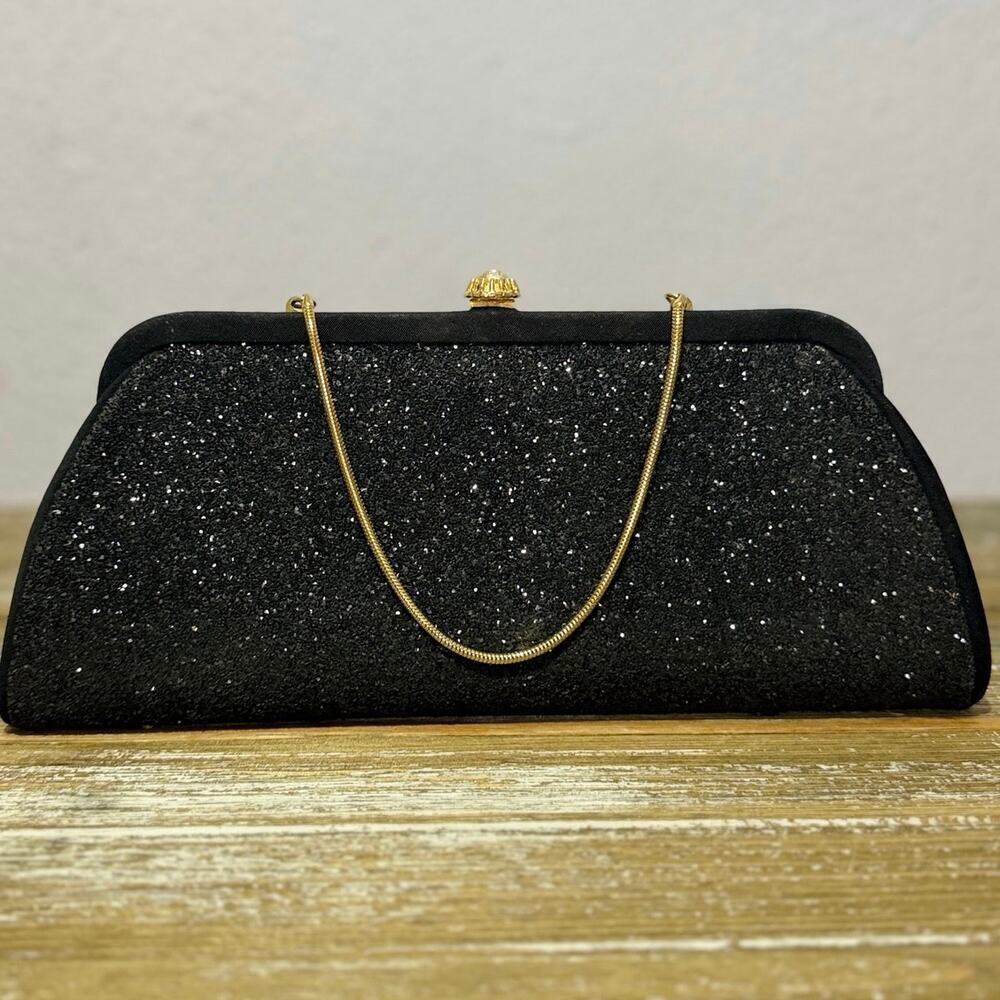 Vintage Clutch Purse Whimsygoth Glam Eclectic Black‎ Sparkle Gold Chain formal